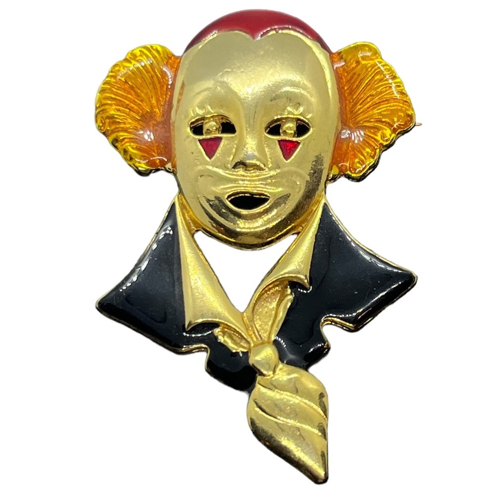 Creepy clown mime vintage brooch pin enamel gold tone
